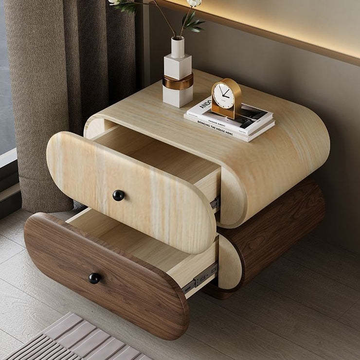 Contemporary Faux Leather 2-Drawer Oval Nightstand — Khaki + Walnut Color