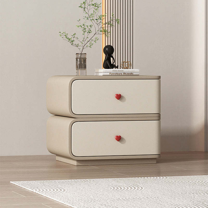Contemporary Faux Leather Wood 2-Drawer Nightstand — Khaki / Right