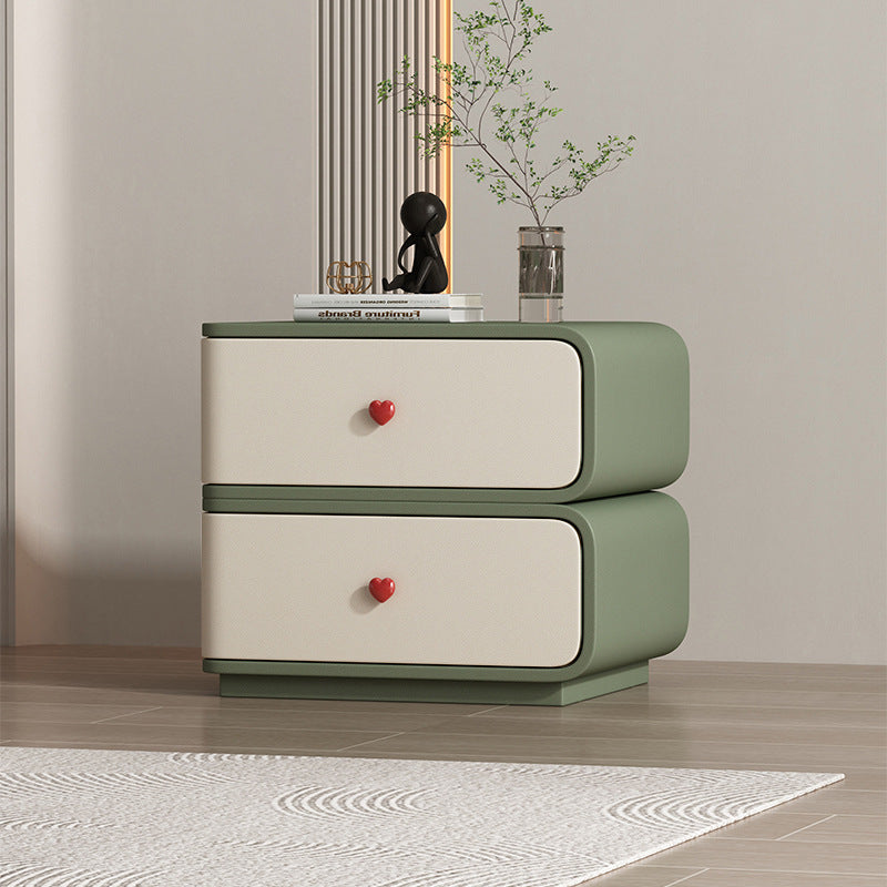 Contemporary Faux Leather Wood 2-Drawer Nightstand — Green + Beige / Left