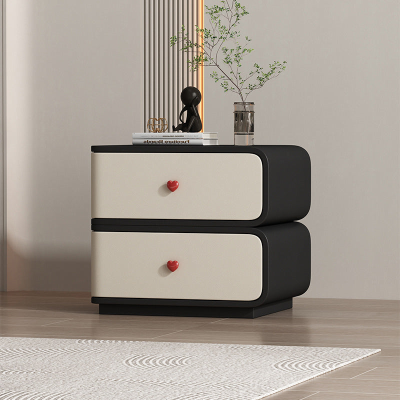 Contemporary Faux Leather Wood 2-Drawer Nightstand — Black + Beige / Right