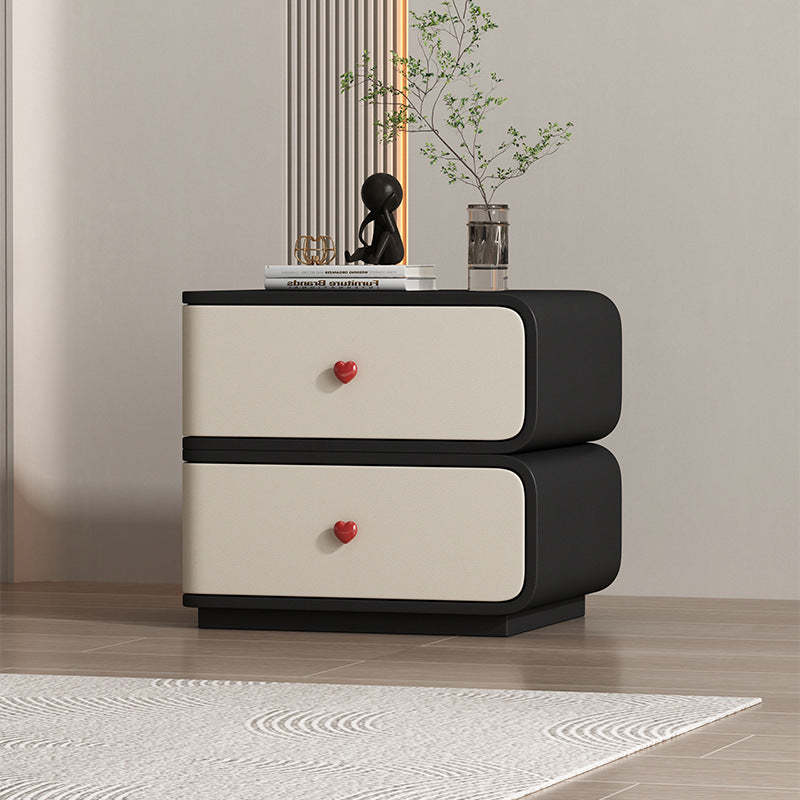 Contemporary Faux Leather Wood 2-Drawer Nightstand — Black + Beige / Right