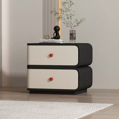 Contemporary Faux Leather Wood 2-Drawer Nightstand — Black + Beige / Right