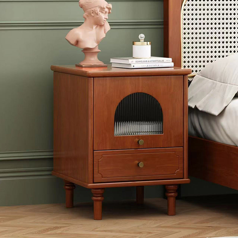 Vintage Solid Wood Glass 1-Drawer Nightstand — Black