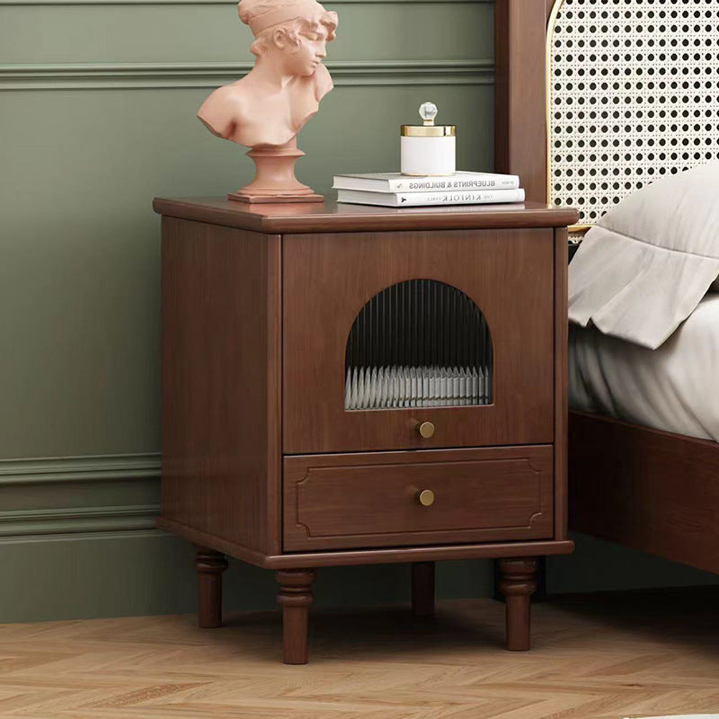 Vintage Solid Wood Glass 1-Drawer Nightstand — Walnut Color