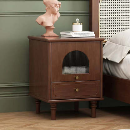 Vintage Solid Wood Glass 1-Drawer Nightstand — Walnut Color