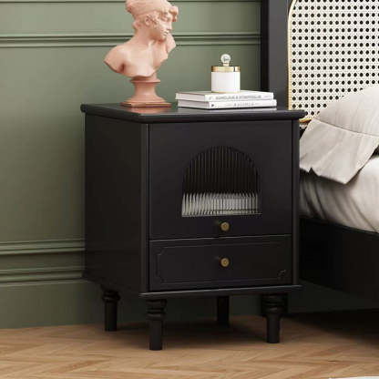 Vintage Solid Wood Glass 1-Drawer Nightstand — Cherry Color