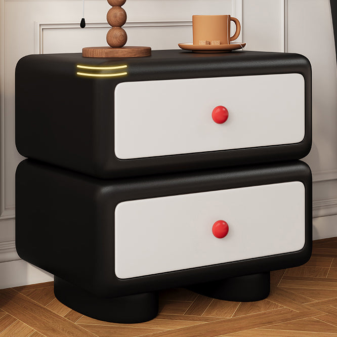 Minimalist Faux Leather 2-Drawer Nightstand — Black + White