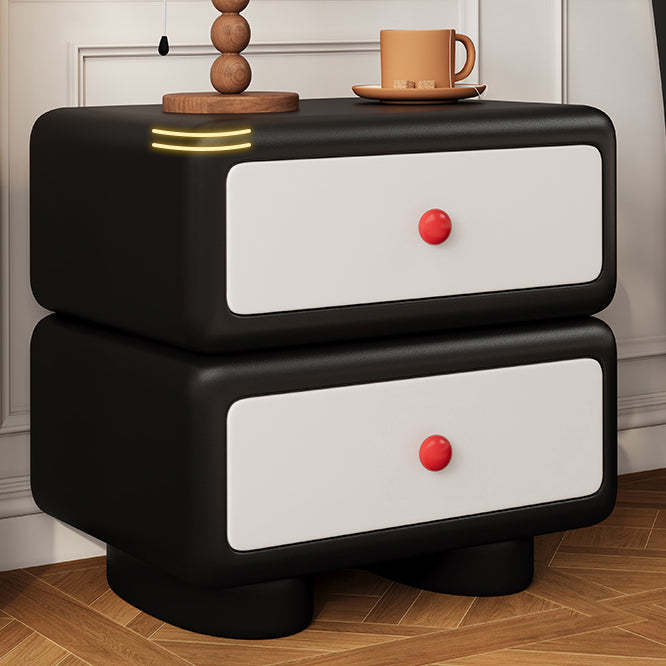 Minimalist Faux Leather 2-Drawer Nightstand — Black + White