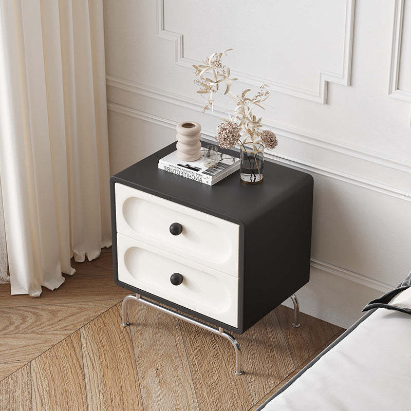 Minimalist Solid Wood 2-Drawer Curved Nightstand — Black + White