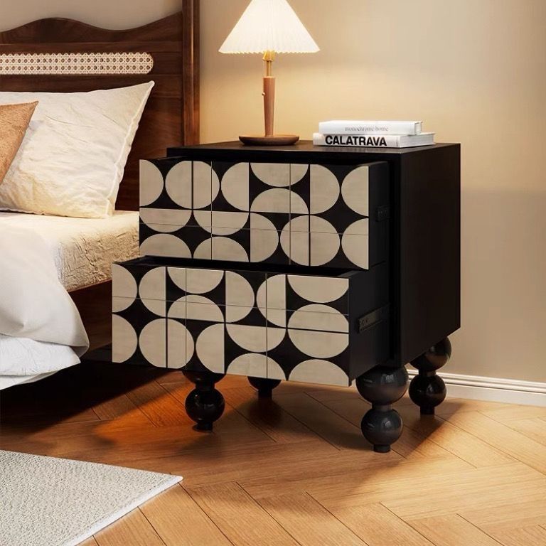 French Wood Rounded Ball 2-Drawer Nightstand