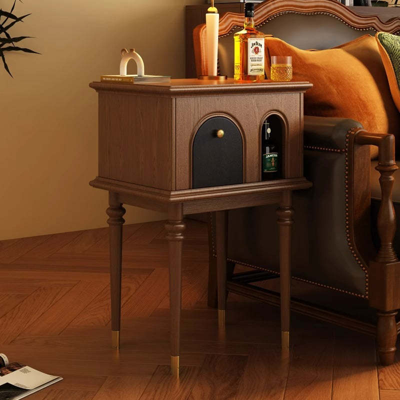French Wood Rounded Cylindrical Side Table — Walnut Color