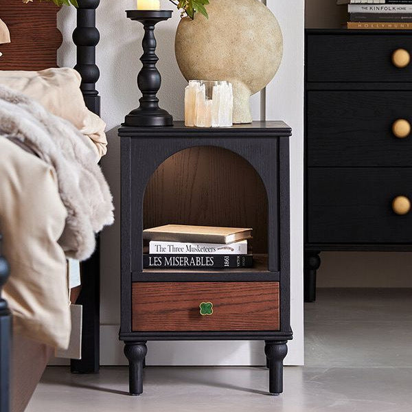 Vintage Wood Metal Semi-Circular 1-Drawer Nightstand