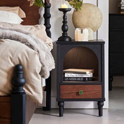 Vintage Wood Metal Semi-Circular 1-Drawer Nightstand