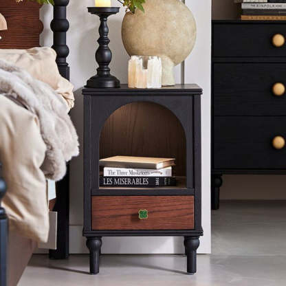 Vintage Wood Metal Semi-Circular 1-Drawer Nightstand