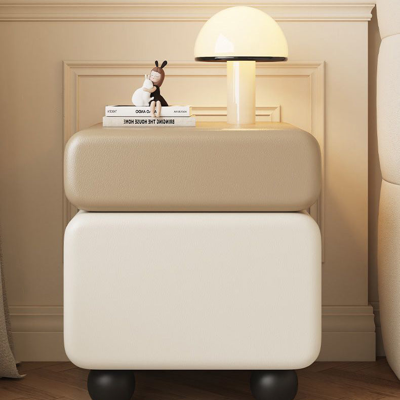Chinese Faux Leather Rounded Wood Nightstand 2-Drawer — Walnut + Khaki
