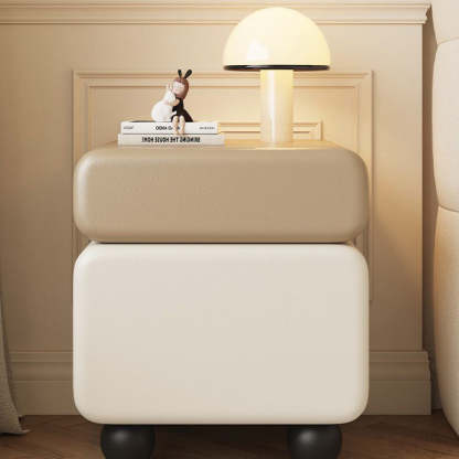 Chinese Faux Leather Rounded Wood Nightstand 2-Drawer — Walnut + Khaki