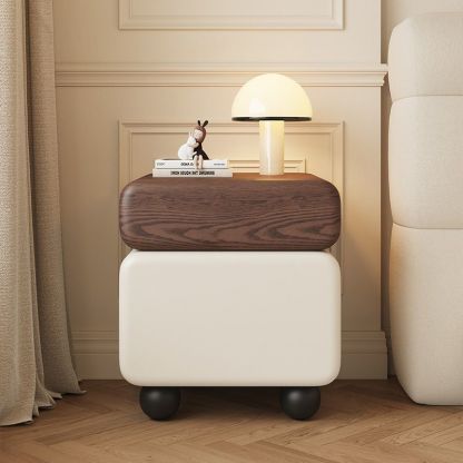 Chinese Faux Leather Rounded Wood Nightstand 2-Drawer — Khaki + Beige