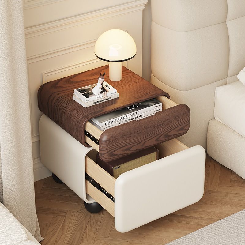 Chinese Faux Leather Rounded Wood Nightstand 2-Drawer — Walnut + Black