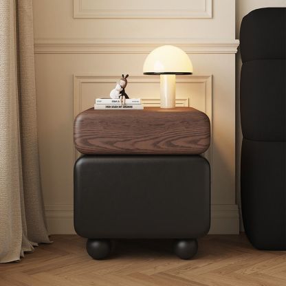 Chinese Faux Leather Rounded Wood Nightstand 2-Drawer — Walnut + Beige