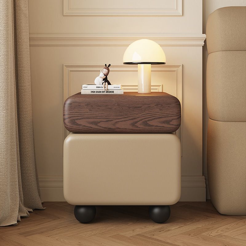 Chinese Faux Leather Rounded Wood Nightstand 2-Drawer — Walnut + Khaki