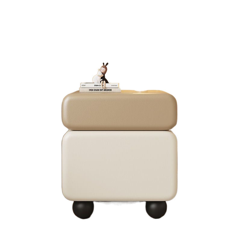 Chinese Faux Leather Rounded Wood Nightstand 2-Drawer