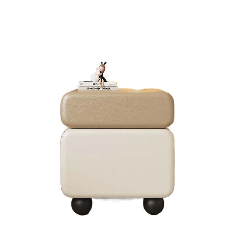 Chinese Faux Leather Rounded Wood Nightstand 2-Drawer