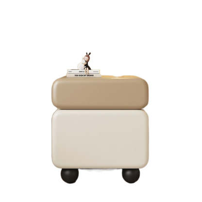Chinese Faux Leather Rounded Wood Nightstand 2-Drawer