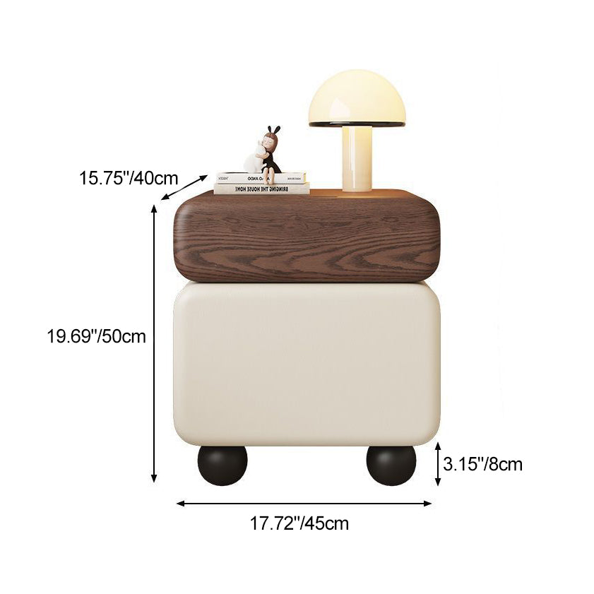 Chinese Faux Leather Rounded Wood Nightstand 2-Drawer — Walnut + Beige