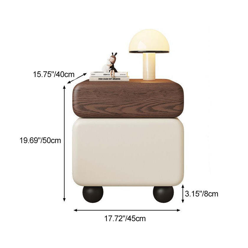 Chinese Faux Leather Rounded Wood Nightstand 2-Drawer — Walnut + Beige