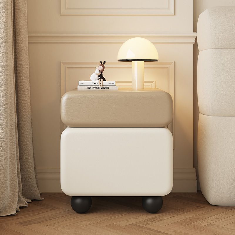 Chinese Faux Leather Rounded Wood Nightstand 2-Drawer