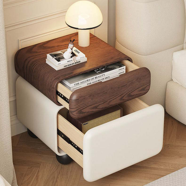 Chinese Faux Leather Rounded Wood Nightstand 2-Drawer — Walnut + Black