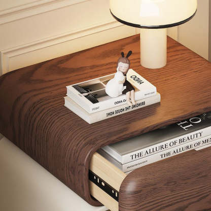 Chinese Faux Leather Rounded Wood Nightstand 2-Drawer
