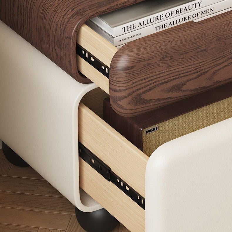 Chinese Faux Leather Rounded Wood Nightstand 2-Drawer — Khaki + Beige
