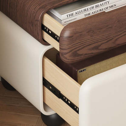 Chinese Faux Leather Rounded Wood Nightstand 2-Drawer — Khaki + Beige