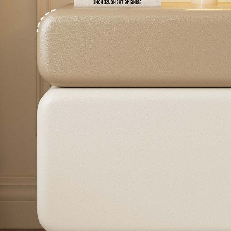 Chinese Faux Leather Rounded Wood Nightstand 2-Drawer — Walnut + Khaki