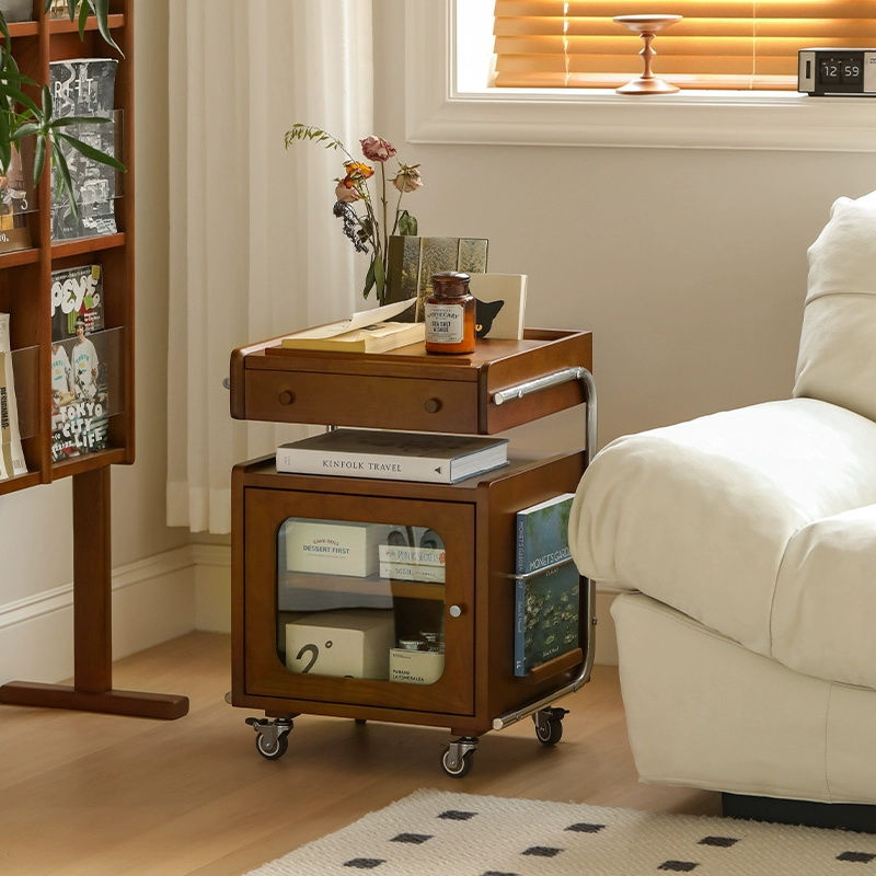 Chinese Wood Glass Robot-Shaped 2-Tier Movable Nightstand