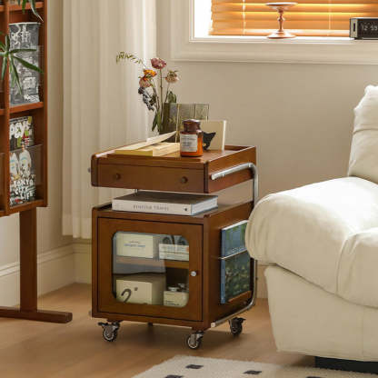 Chinese Wood Glass Robot-Shaped 2-Tier Movable Nightstand