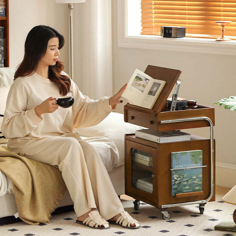 Chinese Wood Glass Robot-Shaped 2-Tier Movable Nightstand