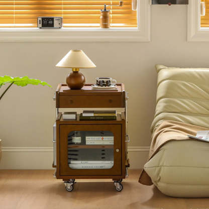 Chinese Wood Glass Robot-Shaped 2-Tier Movable Nightstand