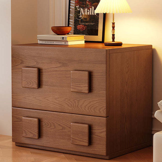 Chinese Solid Wood Square Nightstand 2-Drawer — Medium Antique Color
