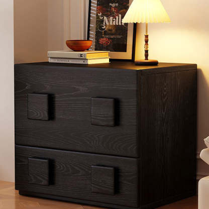 Chinese Solid Wood Square Nightstand 2-Drawer