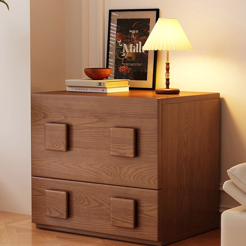 Chinese Solid Wood Square Nightstand 2-Drawer