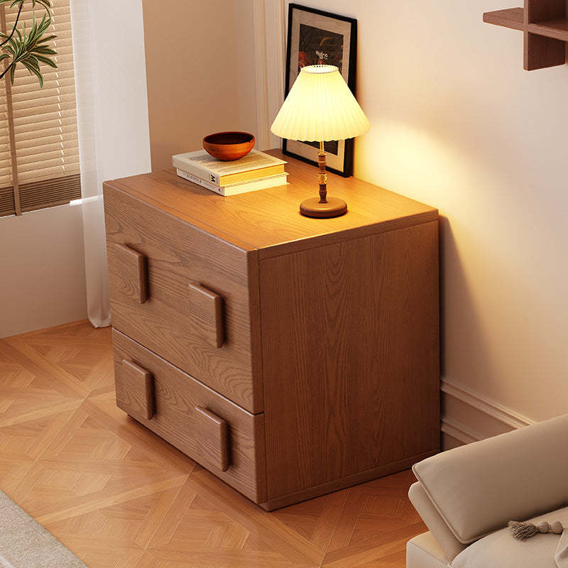 Chinese Solid Wood Square Nightstand 2-Drawer