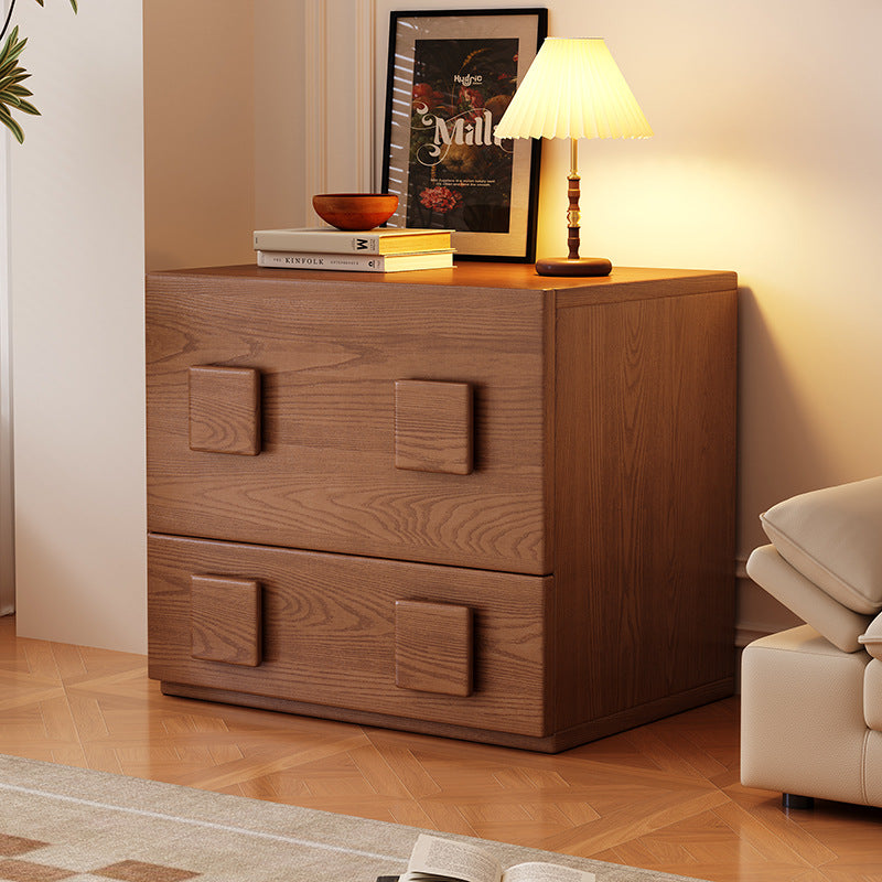 Chinese Solid Wood Square Nightstand 2-Drawer