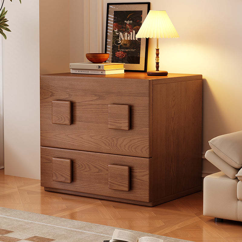 Chinese Solid Wood Square Nightstand 2-Drawer