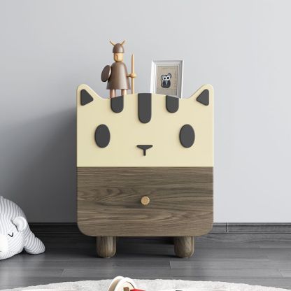 Art Deco Wood Metal Cat-Shaped Cylindrical Nightstand — Beige + Gray