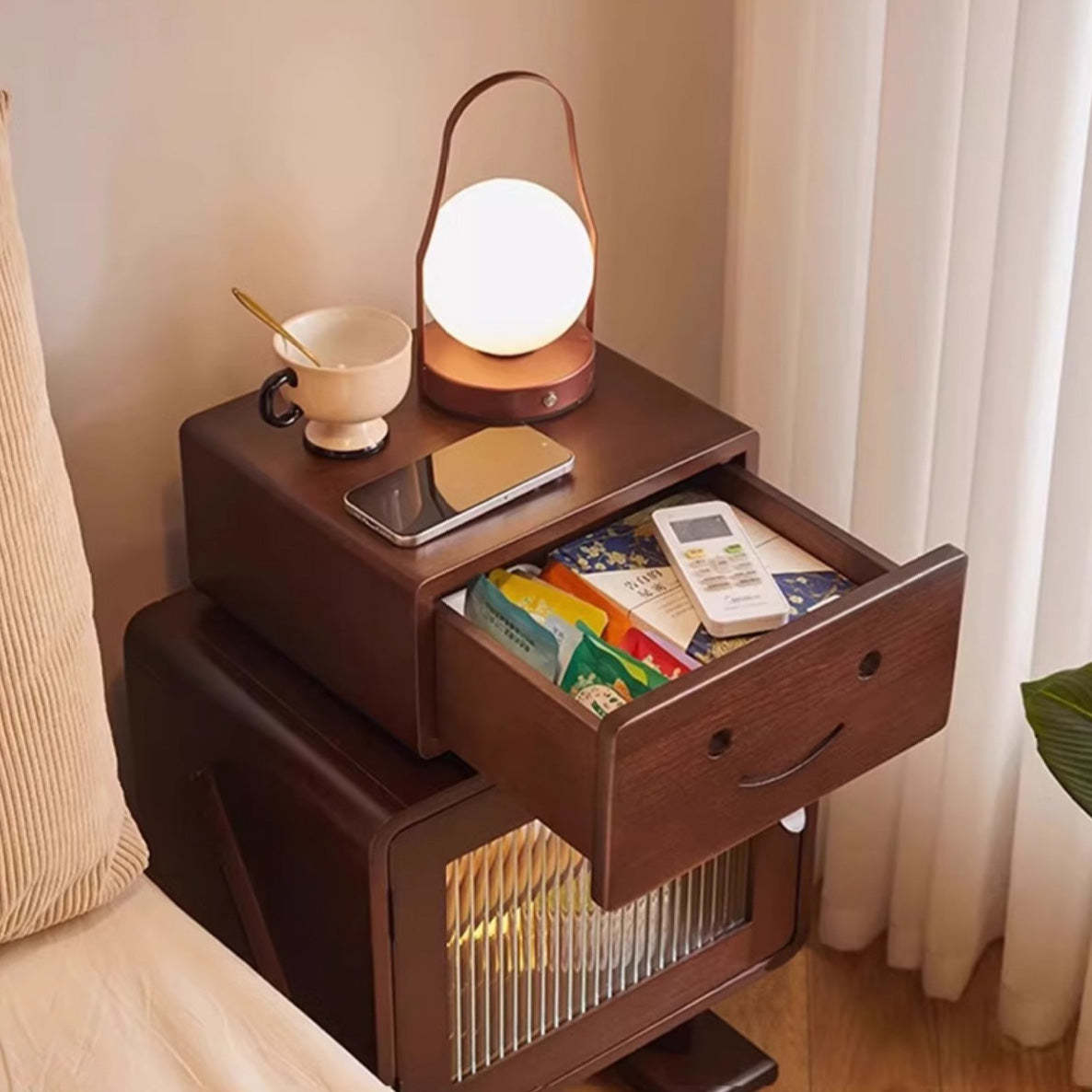 Contemporary Solid Wood 2-Storage Nightstand