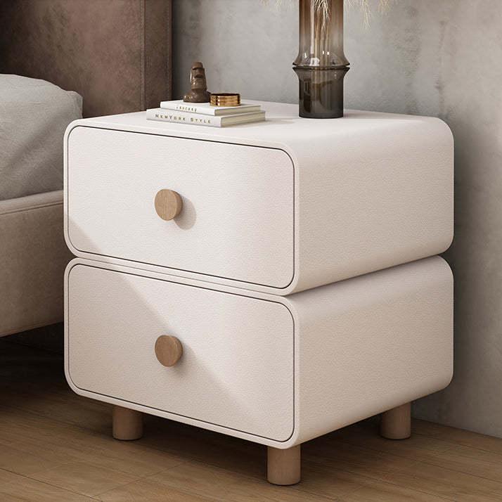 French Wood Leather Rounded Nightstand 2-Drawer — White