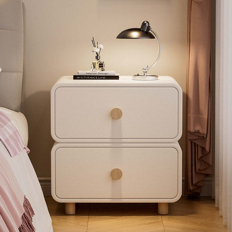 French Wood Leather Rounded Nightstand 2-Drawer — White