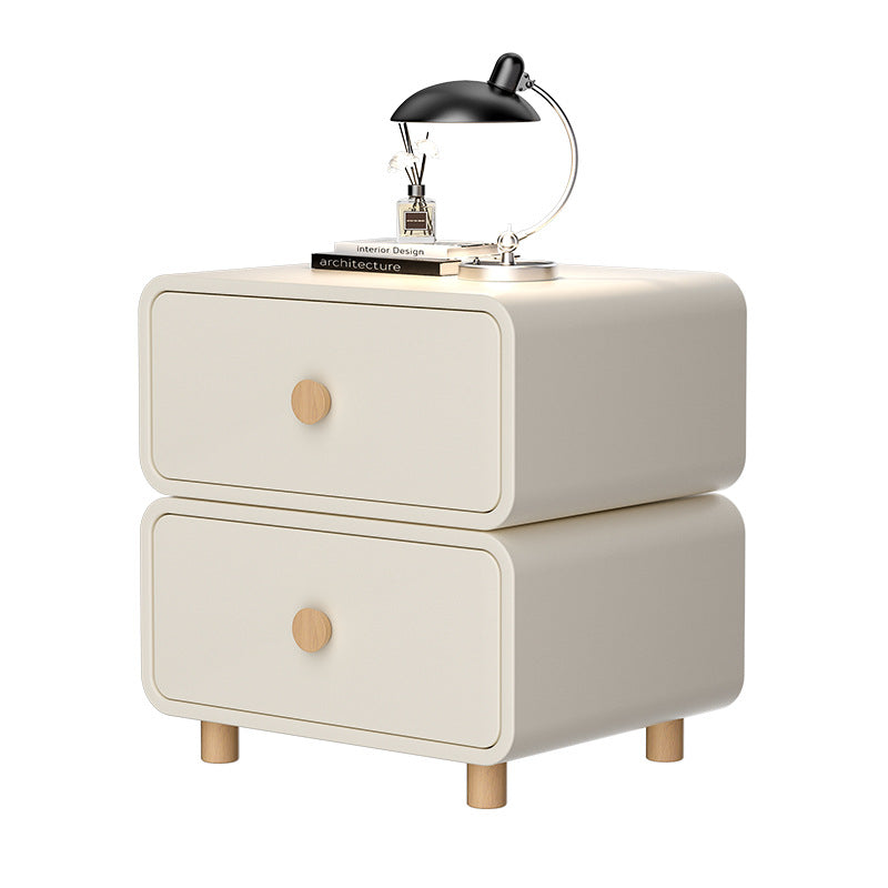 French Wood Leather Rounded Nightstand 2-Drawer